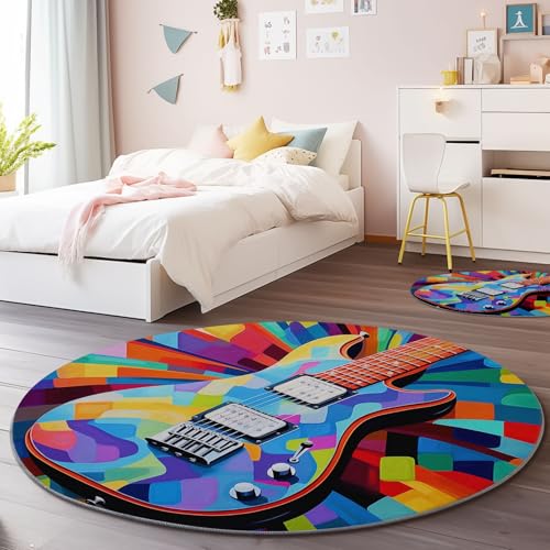 Generisch Waschbare Weiche Runde Teppich 180 cm, Abstrakt Musik E Gitarre Muster Rutschfester Kurzflor Teppiche Wohnzimmer Esszimmer Schlafzimmer Küche - Bunt Druck Runder Teppiche Generisch Waschbare Weiche Runde Teppich 180 cm, Abstrakt Musik E Gitarre Muster Rutschfester Kurzflor Teppiche Wohnzimmer Esszimmer Schlafzimmer Küche - Bunt Druck Runder Teppiche von Generisch