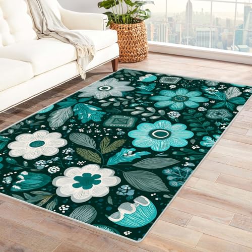 Generisch Waschbarer Flächenteppich Blätter Puzzle große Teppiche,mit Rutschfester Rückseite und strapazierfähiger Kantenbindung,für Wohnzimmer,Schlafzimmer(Blau-Blau)-90x150cm von Generisch