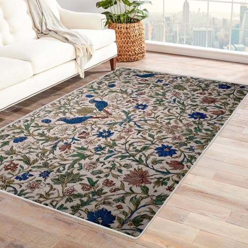 Generisch Waschbarer Flächenteppich Blaue Vögel Blüten große Teppiche,mit Rutschfester Rückseite und strapazierfähiger Kantenbindung,für Wohnzimmer,Schlafzimmer(Beige)-180x270cm von Generisch