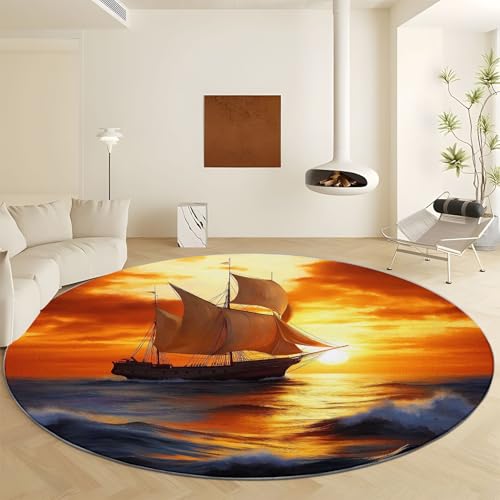 Generisch Waschbarer Kurzflor Runder Teppich, 210 x 210 cm, rutschfest und Strapazierfähig Carpet Natur Meer SegelbootWeicher und Komfortabler Runde Teppich für Wohnzimmer, Schlafzimmer, Orange Farbe von Generisch