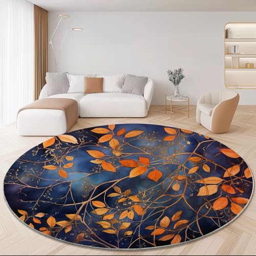 Generisch Waschbarer Runder Teppich 100 cm - Aquarell Blätter Ranken Thema rutschfest Pflegeleicht Runde Teppiche, Dunkelblau Orange Weich Flanell Teppich für Esszimmer Wohnzimmer Schlafzimmer von Generisch