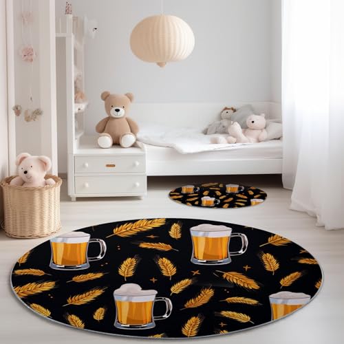 Generisch Waschbarer Runder Teppich 160 cm - Modern Bierkrug Weizenähren Thema rutschfest Pflegeleicht Runde Teppiche, Schwarz Weich Flanell Teppich für Esszimmer Wohnzimmer Schlafzimmer Generisch Waschbarer Runder Teppich 160 cm - Modern Bierkrug Weizenähren Thema rutschfest Pflegeleicht Runde Teppiche, Schwarz Weich Flanell Teppich für Esszimmer Wohnzimmer Schlafzimmer von Generisch