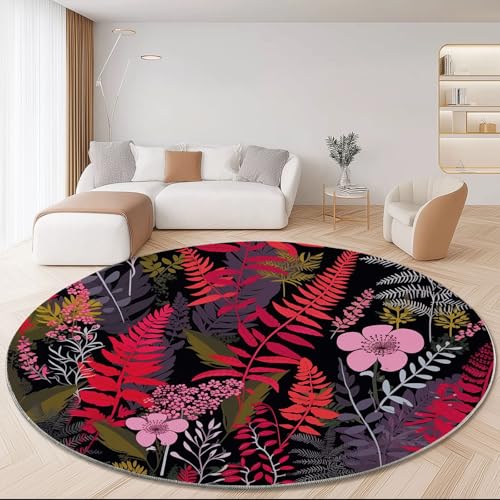 Generisch Waschbarer Runder Teppich 180 cm - Natur Farne Blumen Thema rutschfest Pflegeleicht Runde Teppiche, Schwarz Dunkelrot Weich Flanell Teppich für Esszimmer Wohnzimmer Schlafzimmer Generisch Waschbarer Runder Teppich 180 cm - Natur Farne Blumen Thema rutschfest Pflegeleicht Runde Teppiche, Schwarz Dunkelrot Weich Flanell Teppich für Esszimmer Wohnzimmer Schlafzimmer von Generisch