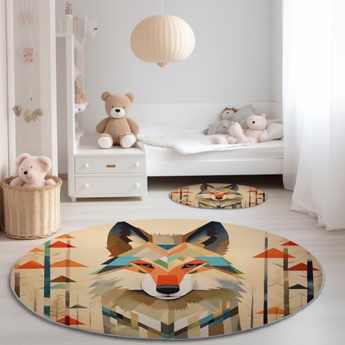 Generisch Waschbarer Runder Teppich 60 cm - Moderne Kunst Wald Tiere Wolf Thema rutschfest Pflegeleicht Runde Teppiche, Beige Weich Flanell Teppich für Esszimmer Wohnzimmer Schlafzimmer Generisch Waschbarer Runder Teppich 60 cm - Moderne Kunst Wald Tiere Wolf Thema rutschfest Pflegeleicht Runde Teppiche, Beige Weich Flanell Teppich für Esszimmer Wohnzimmer Schlafzimmer von Generisch