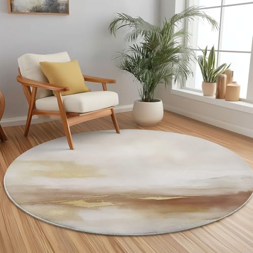 Generisch Waschbarer Runder Teppich mit Minimalistisch Aquarell Motiv, Beige Weich rutschfest Rund Rug, Ø 180 cm Kuscheliger Schmutzabweisend Teppich für Wohnzimmer Kinderzimmer von Generisch