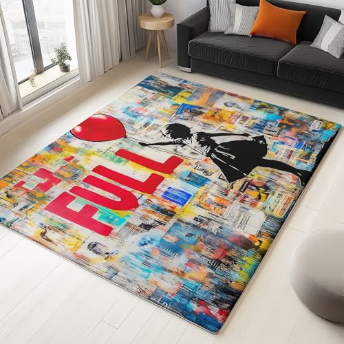 Generisch Waschbarer Teppich 140 x 200 cm für Wohnzimmer, rutschfeste und geräuschreduzierende kurzflorige Matte mit Poster Mädchen Ballon-Print fürs Schlafzimmer, in Bunt von Generisch