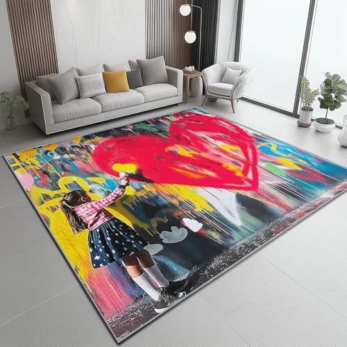 Generisch Waschbarer Teppich 140x200 cm für Wohnzimmer, rutschfeste und geräuschreduzierende kurzflorige Matte mit Herz Graffitiwand Mädchen-Print fürs Schlafzimmer, in Bunt von Generisch