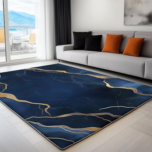 Generisch Waschbarer Teppich Moderne Linien, Schlicht Und Luxuriös 180 x 240 cm Kurzflor Extra Weich Pflegeleicht Teppiche Blau, rutschfest Fusselfrei Läufer für Wohnzimmer Schlafzimmer, Küche von Generisch
