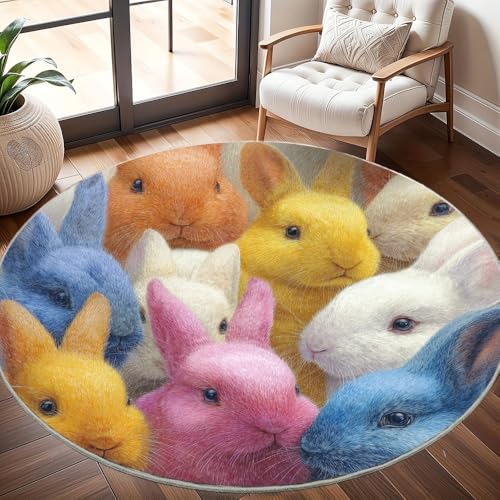 Generisch Waschbarer Teppich Rund 160 cm – Tierkaninchenmuster Rutschfester Flanell Teppich für Wohnzimmer, Schlafzimmer, Kinderzimmer – Bunt Weich & Pflegeleicht Runder Teppiche von Generisch