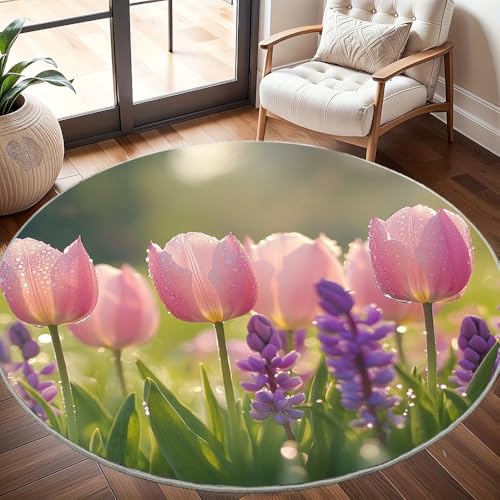 Generisch Waschbarer Teppich Rund 200 cm – Hd-Tulpenfeld Rutschfester Flanell Teppich für Wohnzimmer, Schlafzimmer, Kinderzimmer – Frisches Pink Weich & Pflegeleicht Runder Teppiche von Generisch