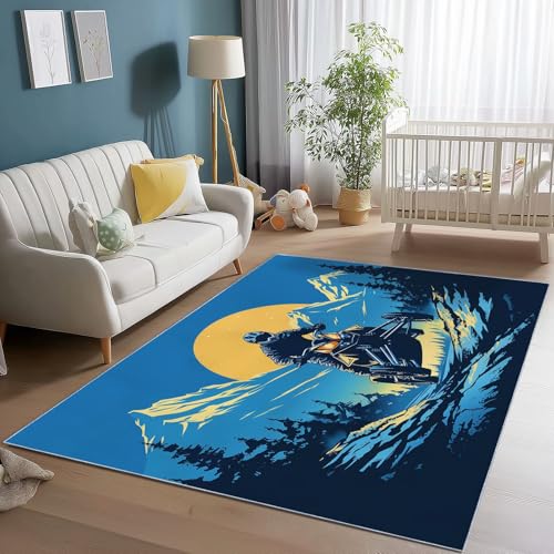Generisch Waschbarer Teppich für Wohnzimmer, Blau Kurzflor rutschfeste Teppich mit Cartoon Schneebedeckte Berge Motorradfahrer Muster für Schlafzimmer Esszimmer Büro Sofa - 140 x 200 cm von Generisch