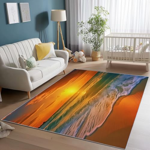 Generisch Waschbarer Teppich für Wohnzimmer, Orange Farbe Kurzflor rutschfeste Teppich mit Natur Meer Wellen Sonnenuntergang Muster für Schlafzimmer Esszimmer Büro Sofa - 140 x 200 cm Generisch Waschbarer Teppich für Wohnzimmer, Orange Farbe Kurzflor rutschfeste Teppich mit Natur Meer Wellen Sonnenuntergang Muster für Schlafzimmer Esszimmer Büro Sofa - 140 x 200 cm von Generisch