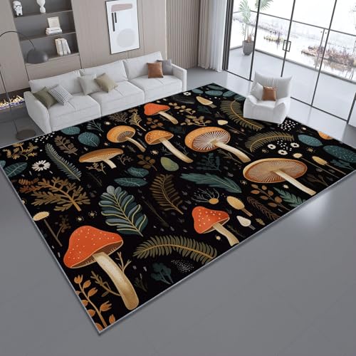 Generisch Waschbarer Teppich für Wohnzimmer, Schwarz Kurzflor rutschfeste Teppich mit Landhausstil Pilze Blätter Muster für Schlafzimmer Esszimmer Büro Sofa - 60 x 90 cm von Generisch