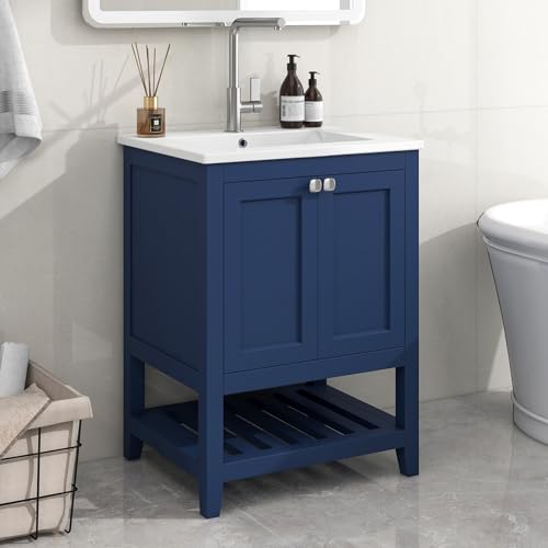 Generisch Waschbecken mit Unterschrank Bodenstehender Badezimmerschrank mit Waschbeck, Badmöbel Einzel Waschtisch mit Unterschrank 60cm mit Keramik- Waschbecken (Blue) von Generisch