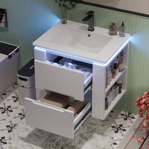 Generisch Waschtisch mit Unterschrank 61 cm, LED Hängend Waschbeckenunterschrank mit 2 Schubladen und Offenes Regalebene, Weiß Waschtisch Modernes Badmöbel Set Gäste WC Waschbecken, 61x46x50cm von Generisch