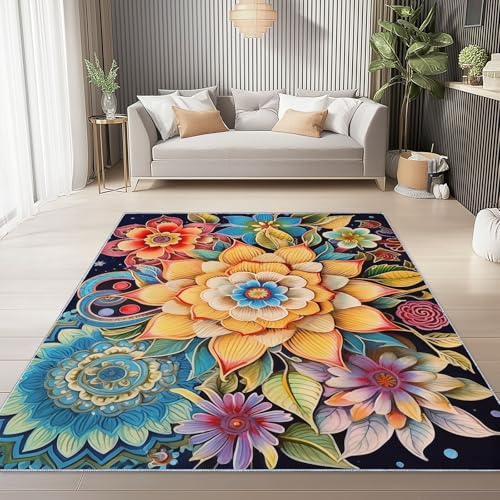 Generisch Weicher Flanell Teppich 120 x 180 cm, Bunt Moderner rutschfeste Teppiche mit Blumen Mandala Druck für Wohnzimmer Schlafzimmer Kinder und haustierfreundlich von Generisch