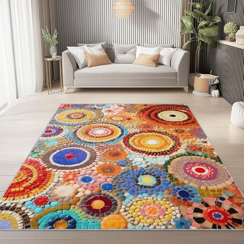 Generisch Weicher Flanell Teppich 140 x 200 cm, Bunt Moderner rutschfeste Teppiche mit Bohemian Kreis Floral Druck für Wohnzimmer Schlafzimmer Kinder und haustierfreundlich von Generisch
