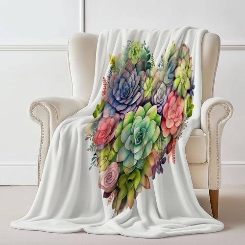 Generisch Weiß Grün Kuscheldecke 180 x 200 cm, Abstrakt Liebesherz Sukkulenten Drucken Kuscheldecke für Reisen Bett Sofa Büro Wohnzimmer - Flanell Weiche Comfort Flauschig von Generisch