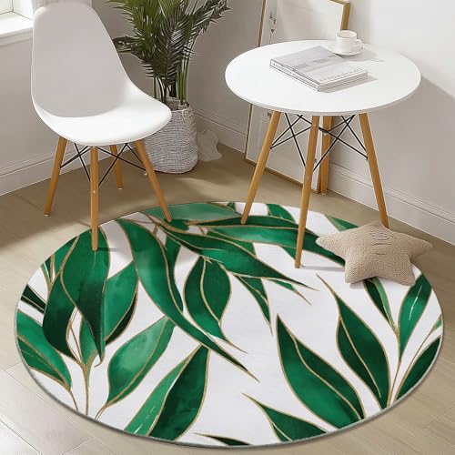 Generisch Weiß Runder Teppich 100 cm, Eingangsbereich Läufer Pflanze Elegant Palmblätter, Muster Kleiner Runder Teppich für die Küche, rutschfest & waschbar von Generisch