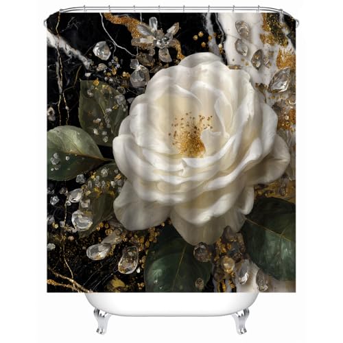 Generisch Weiße Blumen Duschvorhänge Bad Waschbar 3D Druck Badvorhang Polyester-Stoff Wasserdicht Duschvorhang Für Badewanne Mit 12 Kunststoffhaken Duschvorhang 120X200Cm von Generisch