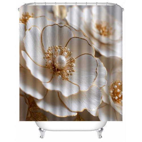 Generisch Weiße Blumen Duschvorhänge Bad Waschbar 3D Druck Badvorhang Polyester-Stoff Wasserdicht Duschvorhang Für Badewanne Mit 12 Kunststoffhaken Duschvorhang 180X180Cm von Generisch