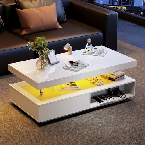 Generisch Weißer Hochglanz Couchtisch 95x50x42,5 cm mit 4 Glasplatten, 2 Schubladen, 2 offenen Fächern & Smarter LED-Beleuchtung – Praktischer Stauraum, App-Steuerung, modernes Design von Generisch