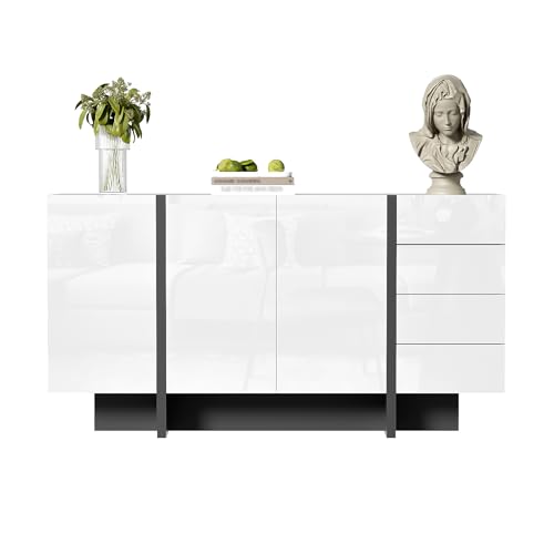 Generisch Weißes Hochglanz-Sideboard mit 2 Türen & 4 Schubladen – Moderner Stauraum für Wohnzimmer/Esszimmer, Leicht zu Reinigen, Puffer-Scharniere, Stabiles Design (150x40x80,5 cm) von Generisch