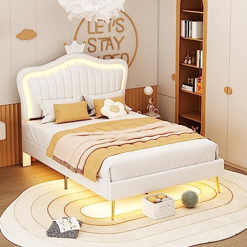 Generisch Weißes Kinder-Kronenbett mit LED-Beleuchtung, 90x200 cm – Modernes PU-Leder Bettgestell mit höheren Füßen, Lattenrost und verstellbarem Kopfteil (ohne Matratze) von Generisch