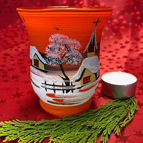 Generisch Windlicht Hurricane Medium Leuchtglas Teelichthalter Glas Handarbeit Lauscha, Orange von Generisch