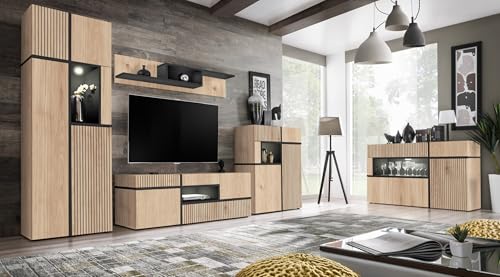 Generisch Wohnwand CR-HJ mit Extra Kommode, Grifflos mit Dekorativen Lamellen, Push to Open Funktion. Farbe Hickory Jackson/Schwarz Generisch Wohnwand CR-HJ mit Extra Kommode, Grifflos mit Dekorativen Lamellen, Push to Open Funktion. Farbe Hickory Jackson/Schwarz von Generisch