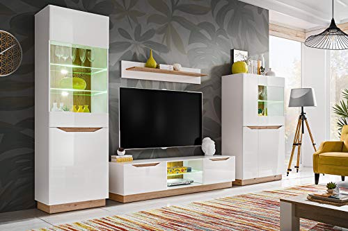 Generisch Wohnwand Fame Wohnzimmerset Wohnzimmer Wand Regal TV Wand Matt Hochglanz Vitrinenschrank Lowboard Wandregal mit LED (Weiss/Artisan Eiche) von Generisch