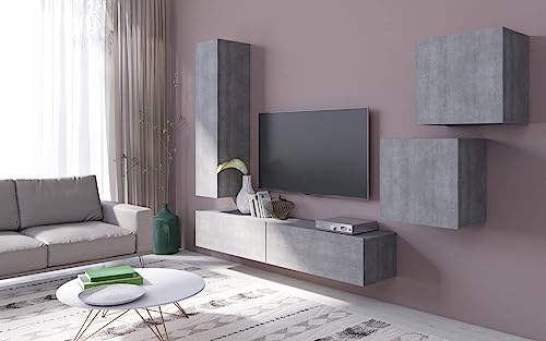 Generisch Wohnwand Vento 5 teilig modernes Wohnzimmerset TV Lowboard Hängeschränke Schrankwand Hängeboard Mediawand Wandmontage Wohnzimmerschrank Jugendzimmer Möbel Set Loft (Eiche) von Generisch