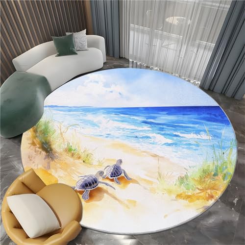 Generisch Wohnzimmer Runder Teppich Aquarellmalerei Strand Schildkröte 180 cm Schlafzimmer Runder Teppich, Blau Waschbarer Rutschfester Weicher Flauschiger Runde Teppiche Für Kinderzimmer Spielzimmer von Generisch