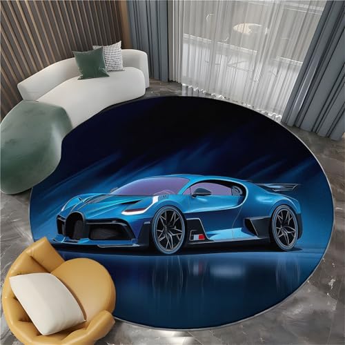 Generisch Wohnzimmer Runder Teppich Surrealismus Sportwagen 150 cm Schlafzimmer Runder Teppich, Blau Waschbarer Rutschfester Weicher Flauschiger Runde Teppiche Für Kinderzimmer Spielzimmer von Generisch