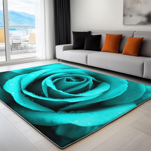 Generisch Wohnzimmer Teppich Pflanze Blaugrüne Rose 180 x 240 cm Schlafzimmer Teppich, Türkis Waschbarer Rutschfester Weicher Flauschiger Teppiche, Für Kinderzimmer Spielzimmer von Generisch