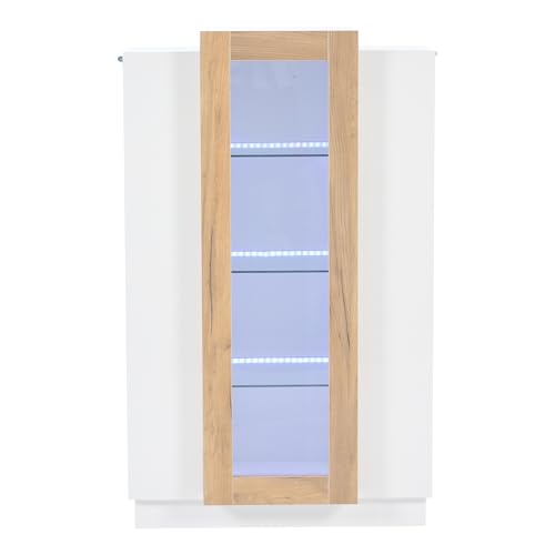 Generisch Wohnzimmerschrank, 3-türig, transparente Türen, Hochglanzvitrine mit LED, Bücherregal mit Glasböden und Schubladen, vertikale Vitrine 74 * 40 * 120cm von Generisch