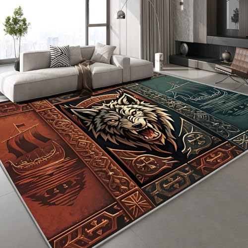 Generisch Wolf Retro Teppich Kinderteppich Modern 3D Segelboot Tiere Teppich Kinderzimmer Kurzflor Teppiche rutschfeste Spielteppiche für Schlafzimmer Wohnzimmer Zimmer 140x200 cm von Generisch