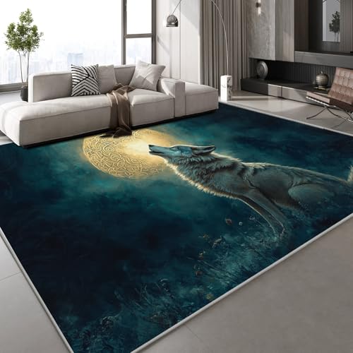 Generisch Wolf Tier Teppich Kinderteppich Modern 3D Mond Wald Teppich Kinderzimmer Kurzflor Teppiche rutschfeste Spielteppiche für Schlafzimmer Wohnzimmer Zimmer 180x240 cm von Generisch