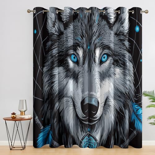 Generisch Wolf Vorhänge für Wohnzimmer Schlafzimmer, Vorhang Blickdicht Wilde Tiere, Gardinen mit Ösen 2er Set, Verdunklungsvorhänge H 137 x B 117 cm D&P13 von Generisch
