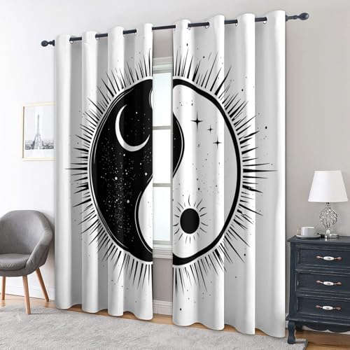 Generisch Yin Yang Vorhänge mit Ösen, H 300 x B 140, 2er Set - Sonne Mond Boho Motiv Gardinen Wohnzimmer Schlafzimmer Deko, Fenster Vorhang Blickdicht Blackout Curtain （AS382） von Generisch