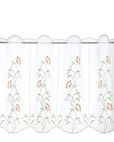 Generisch bestickte Scheibengardine Frühling Schneeglöckchen und Schmetterling 40 cm hoch -ideal für kleine Fenster Plauener Stickerei (40x112 cm) von Generisch