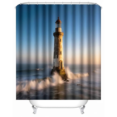 Generisch duschvorhang mit Ringen 150 x 180 cm Meeresleuchtturm duschvorhang ohne Bohren Stilvoller Mikrofaser Sichtschutz für Ferienunterkunft oder Familienbad MY849 von Generisch