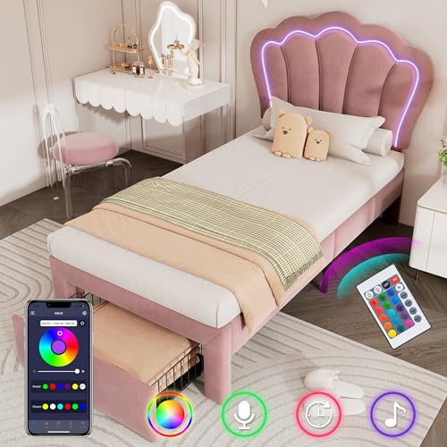 Generisch erbett Einzelbett 90 x 190 cm mit Schubladen Polsterbett APP-Control Bettgestell Lattenrost und Verstellbares Kopfteil, Bettrahmen Jugendbett Samt Rosa von Generisch