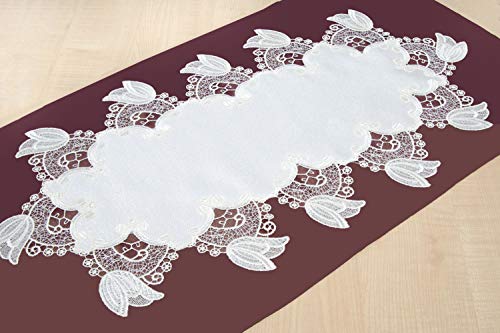 Generisch ovaler Tischläufer Tulpe 35x69 cn Creme mit schöner Spitze Plauener Stickerei von Generisch