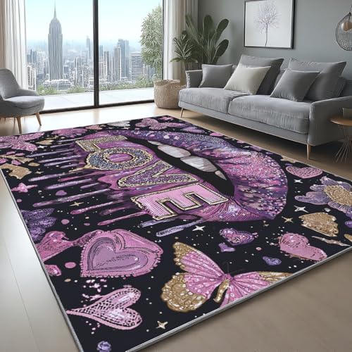 Generisch rutschfest Teppich Design Lippen Herz Schmetterling Pflegeleicht Weich Bettvorleger für Wohnzimmer Schlafzimmer Flur Lila, 140 x 200 cm von Generisch
