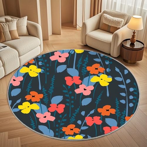 Generisch rutschfest Waschbar Wohnzimmer Runder Teppich Durchmesser 160cm, Abstraktes GäNseblüMchen-Doodle Teppich Rund Kurzflor Flanell Rug Bunt für Esszimmer Badezimmer Küche Flur Läufer von Generisch
