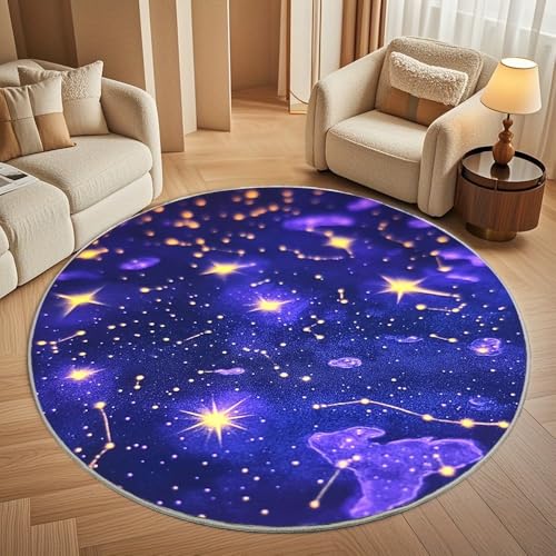 Generisch rutschfest Waschbar Wohnzimmer Runder Teppich Durchmesser 160cm, Abstraktes Sternbild-Design Teppich Rund Kurzflor Flanell Rug Lila für Esszimmer Badezimmer Küche Flur Läufer von Generisch