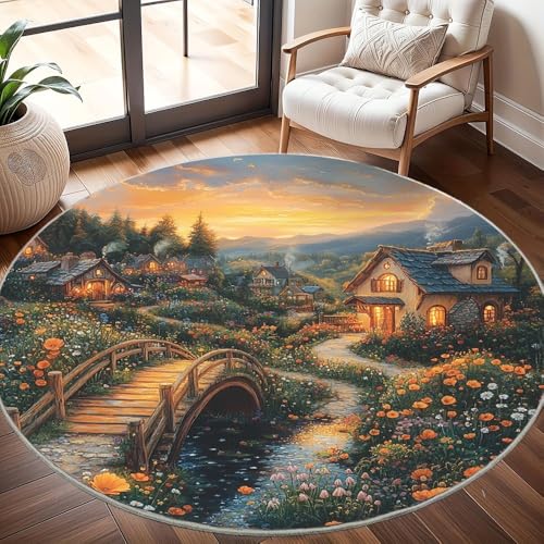 Generisch rutschfest Waschbar Wohnzimmer Runder Teppich Durchmesser 200cm, Bunte Blumenstadt Teppich Rund Kurzflor Flanell Rug Bunt für Esszimmer Badezimmer Küche Flur Läufer Generisch rutschfest Waschbar Wohnzimmer Runder Teppich Durchmesser 200cm, Bunte Blumenstadt Teppich Rund Kurzflor Flanell Rug Bunt für Esszimmer Badezimmer Küche Flur Läufer von Generisch