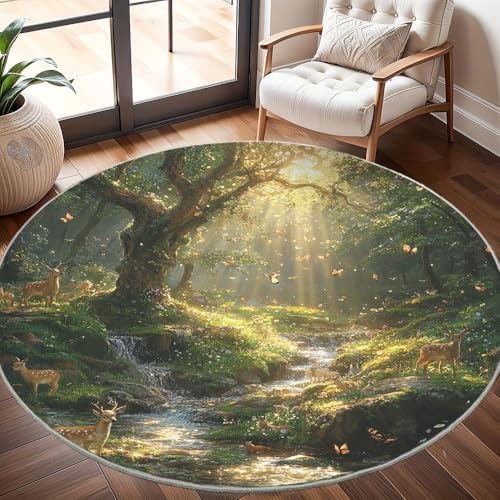 Generisch rutschfest Waschbar Wohnzimmer Runder Teppich Durchmesser 200cm, Fantasiewald Hirsch Teppich Rund Kurzflor Flanell Rug GrüN für Esszimmer Badezimmer Küche Flur Läufer Generisch rutschfest Waschbar Wohnzimmer Runder Teppich Durchmesser 200cm, Fantasiewald Hirsch Teppich Rund Kurzflor Flanell Rug GrüN für Esszimmer Badezimmer Küche Flur Läufer von Generisch