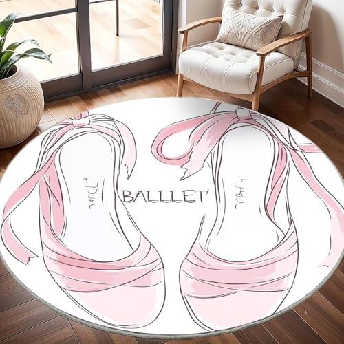 Generisch rutschfest Waschbar Wohnzimmer Runder Teppich Durchmesser 200cm, Handgemalte Ballettschuhe Teppich Rund Kurzflor Flanell Rug Rosa für Esszimmer Badezimmer Küche Flur Läufer von Generisch